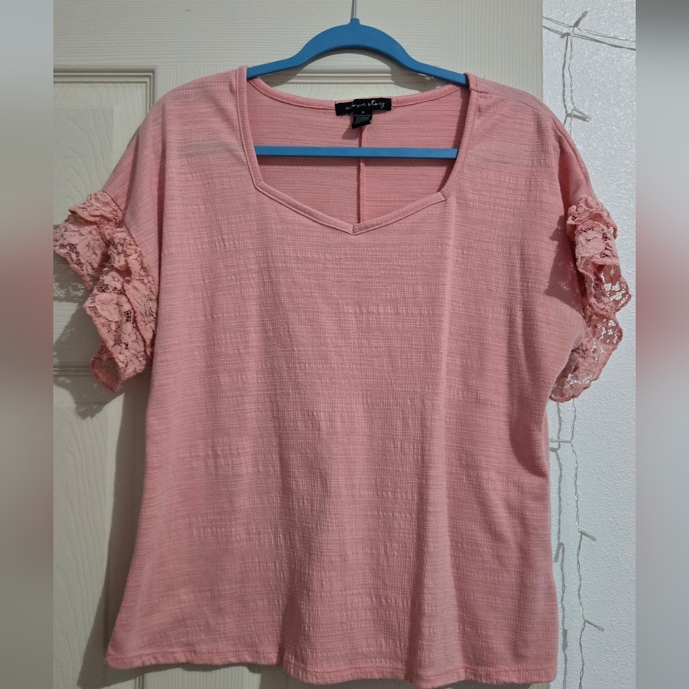 Ava & Viv Pink Lace Sleeve V-Neck Top